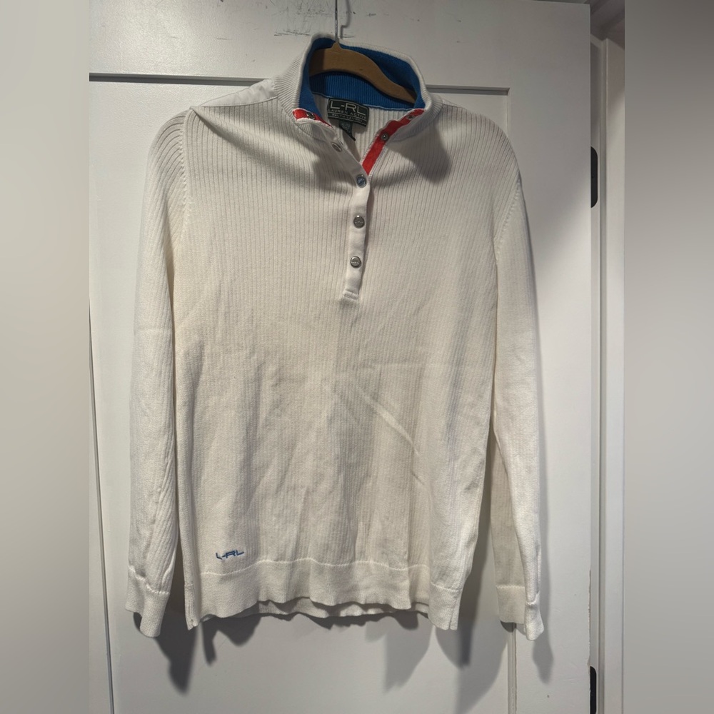 Ralph Lauren White Henley Sweater with Blue Collar and Red Trim